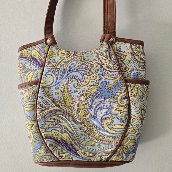 Longaberger Tote Blue Green Paisley Faux Leather Trim Handles EUC - Picture 6 of 12